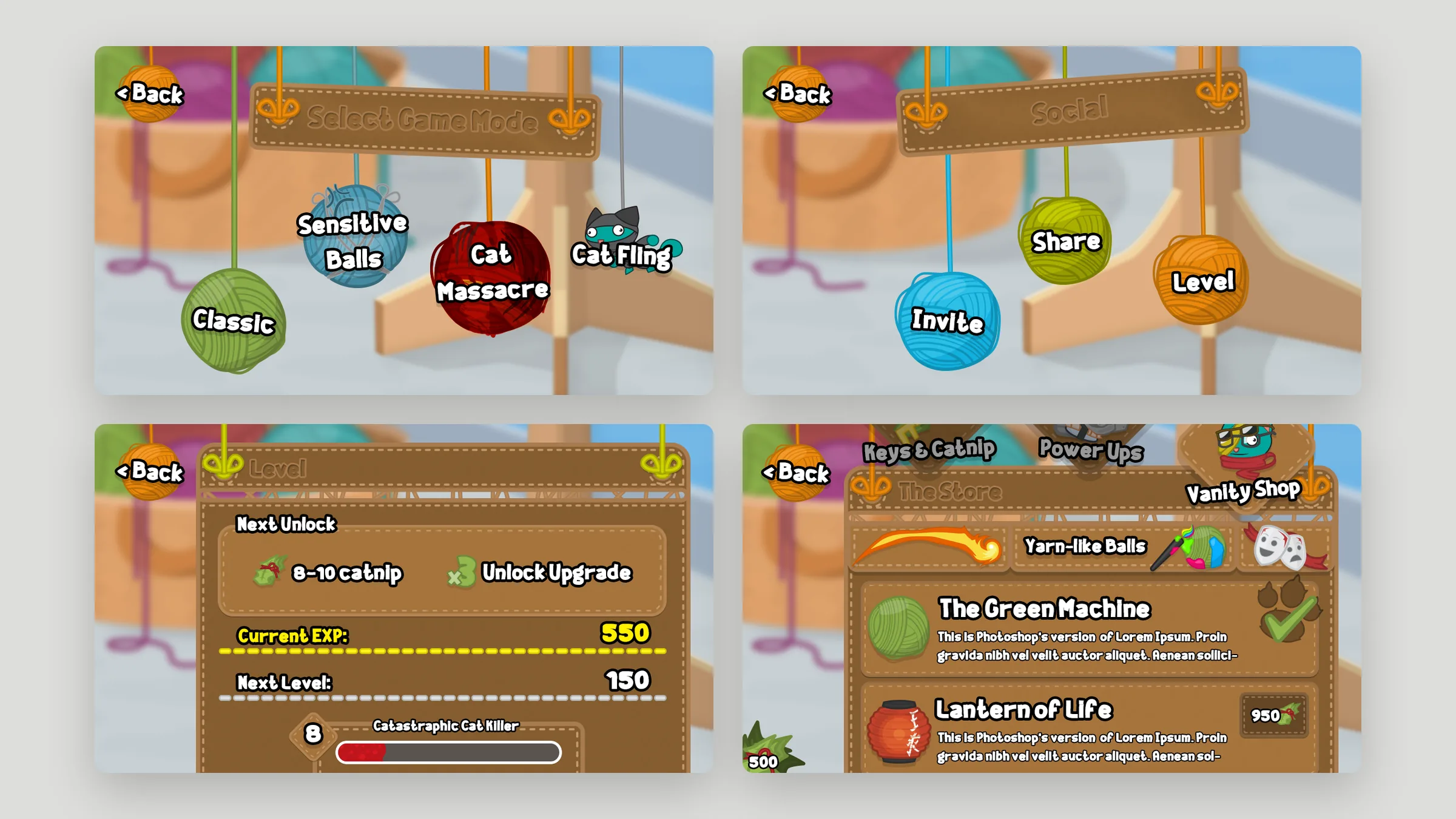 Game mode, social, account, and store screens