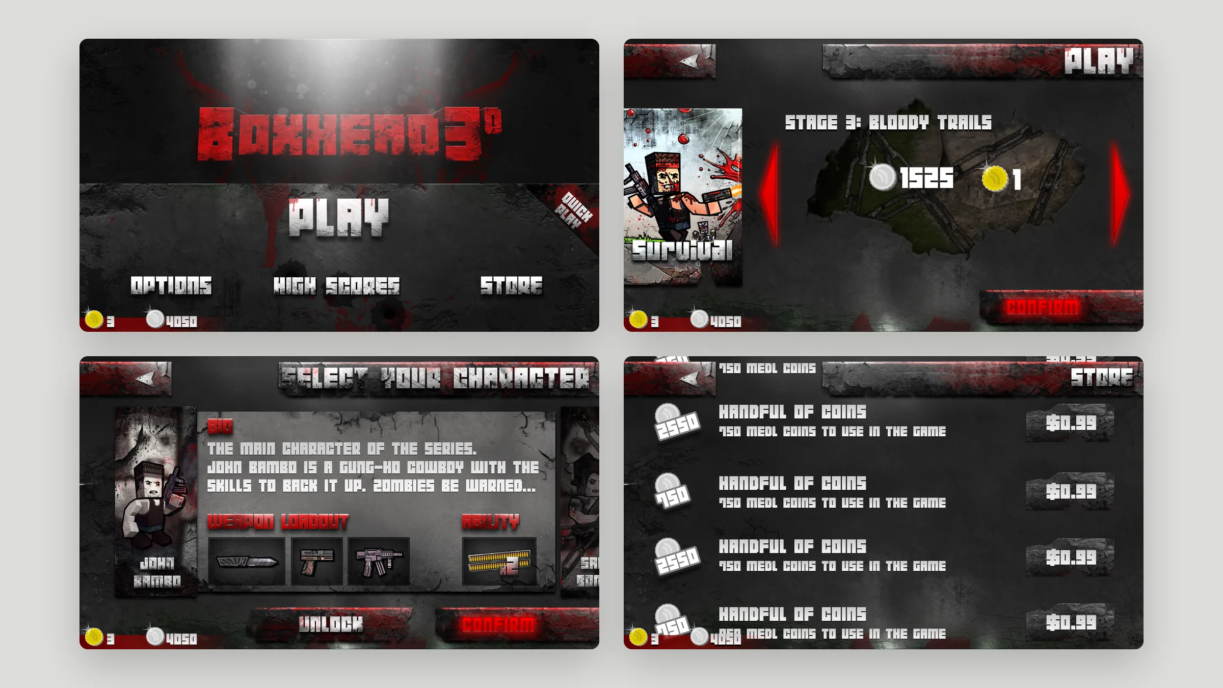 Boxhead 3D menus, stage select, character select, and store