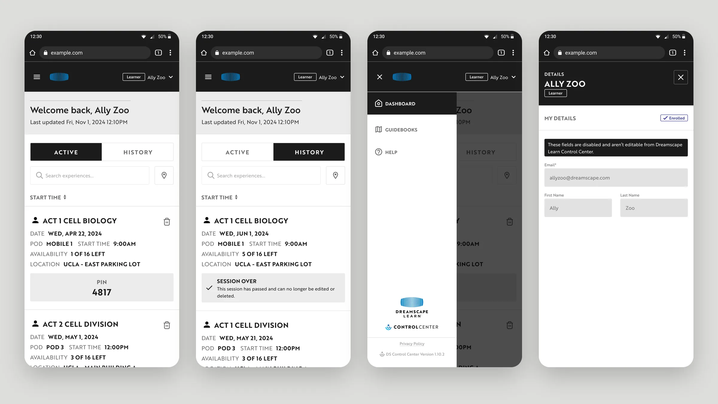 Learner dashboard on mobile: active and past reservations, menu, and account details