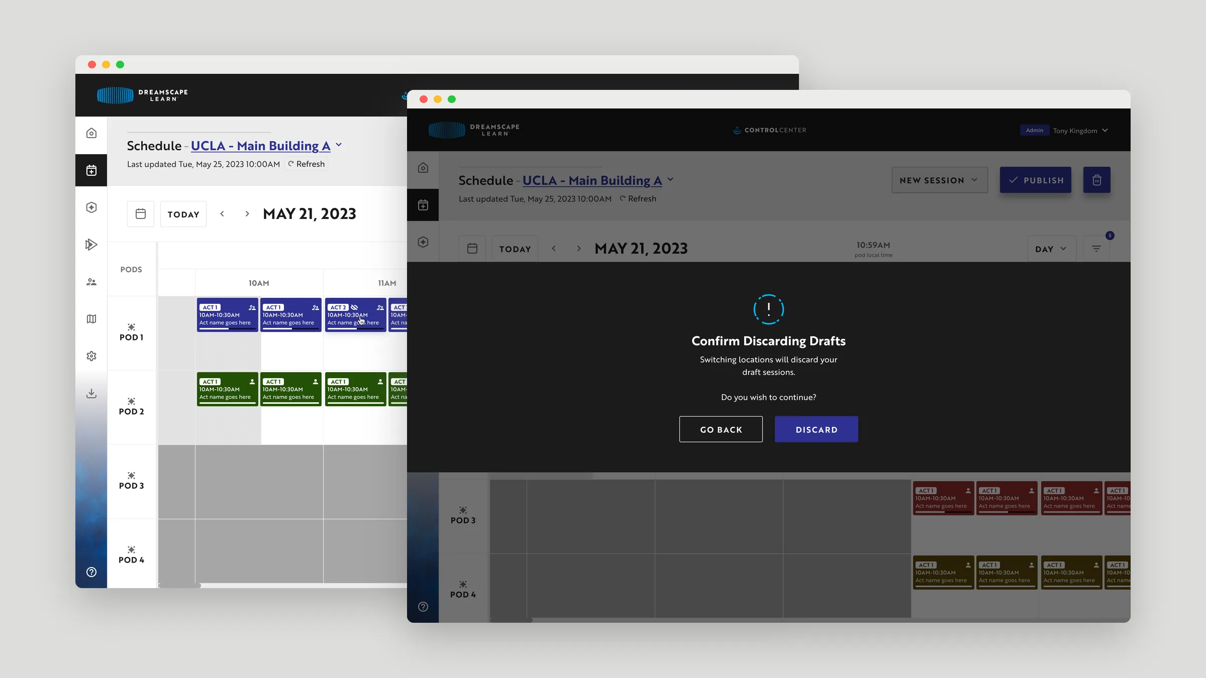 Scheduler day view and the confirm-discarding-drafts prompt