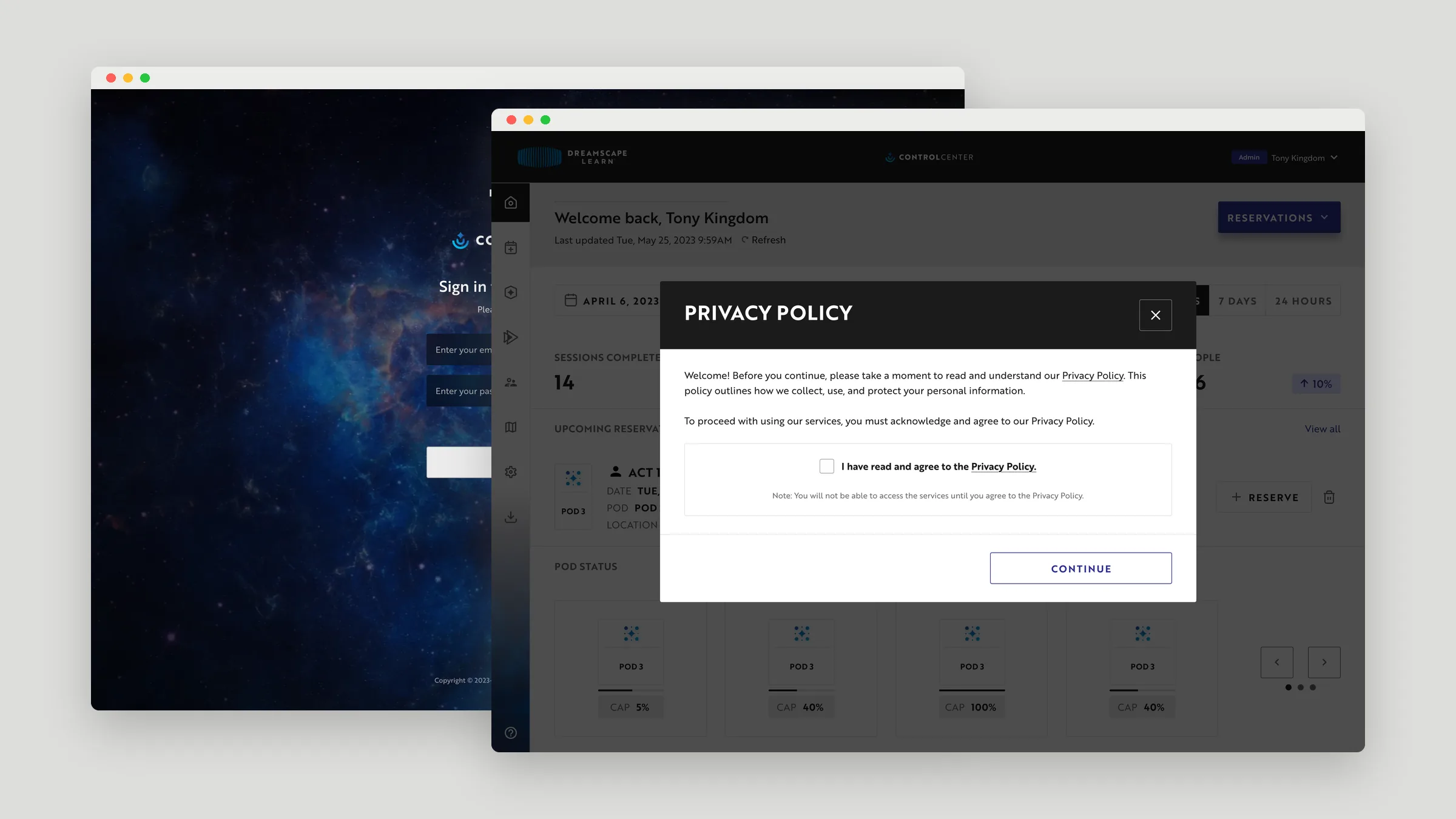 Control Center sign-in screen and privacy policy prompt