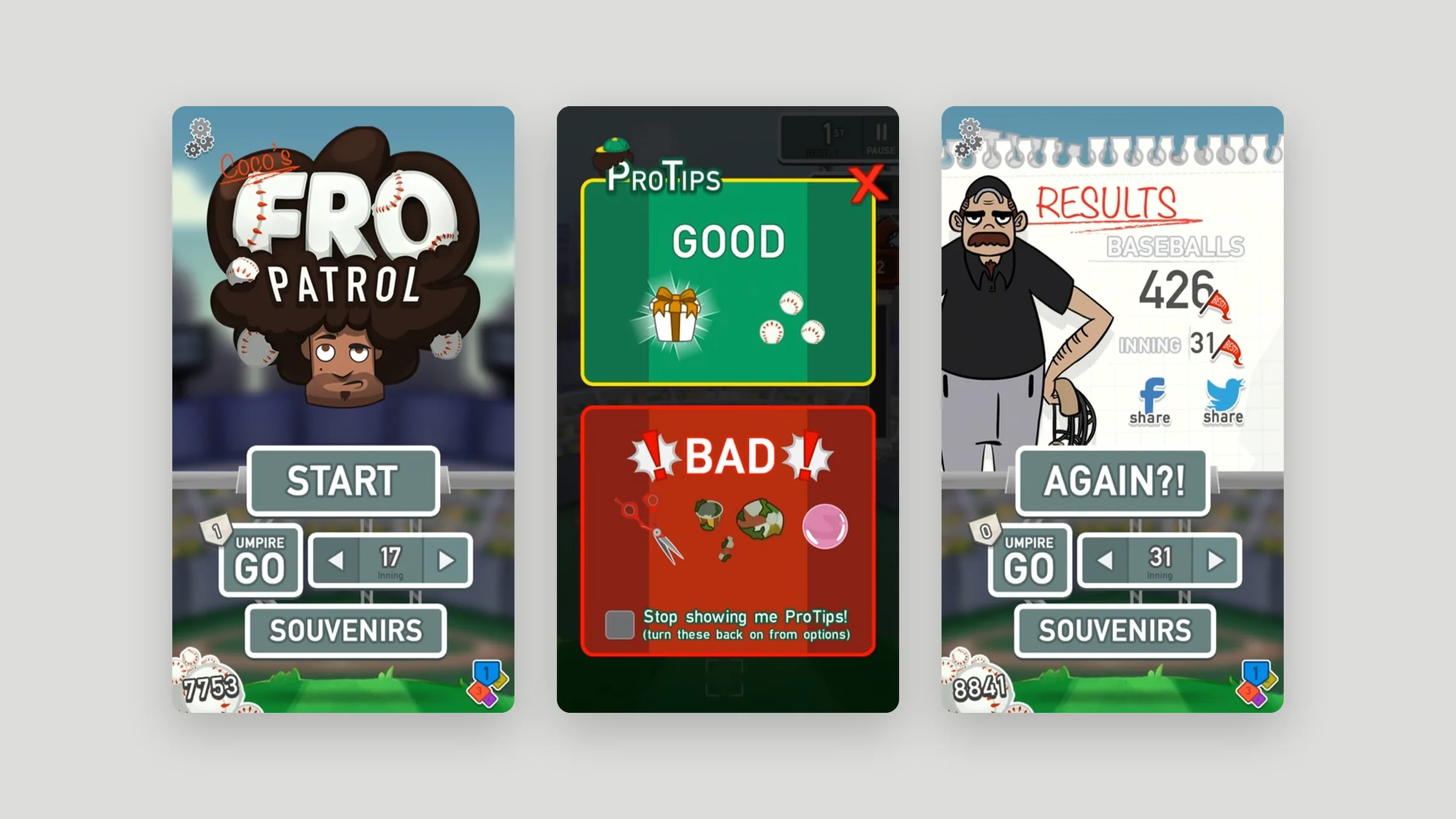 Title, pro tips, and results screens