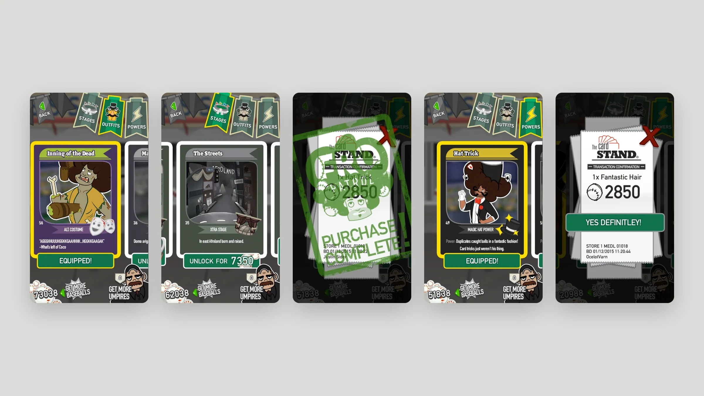 Card store and costume screens