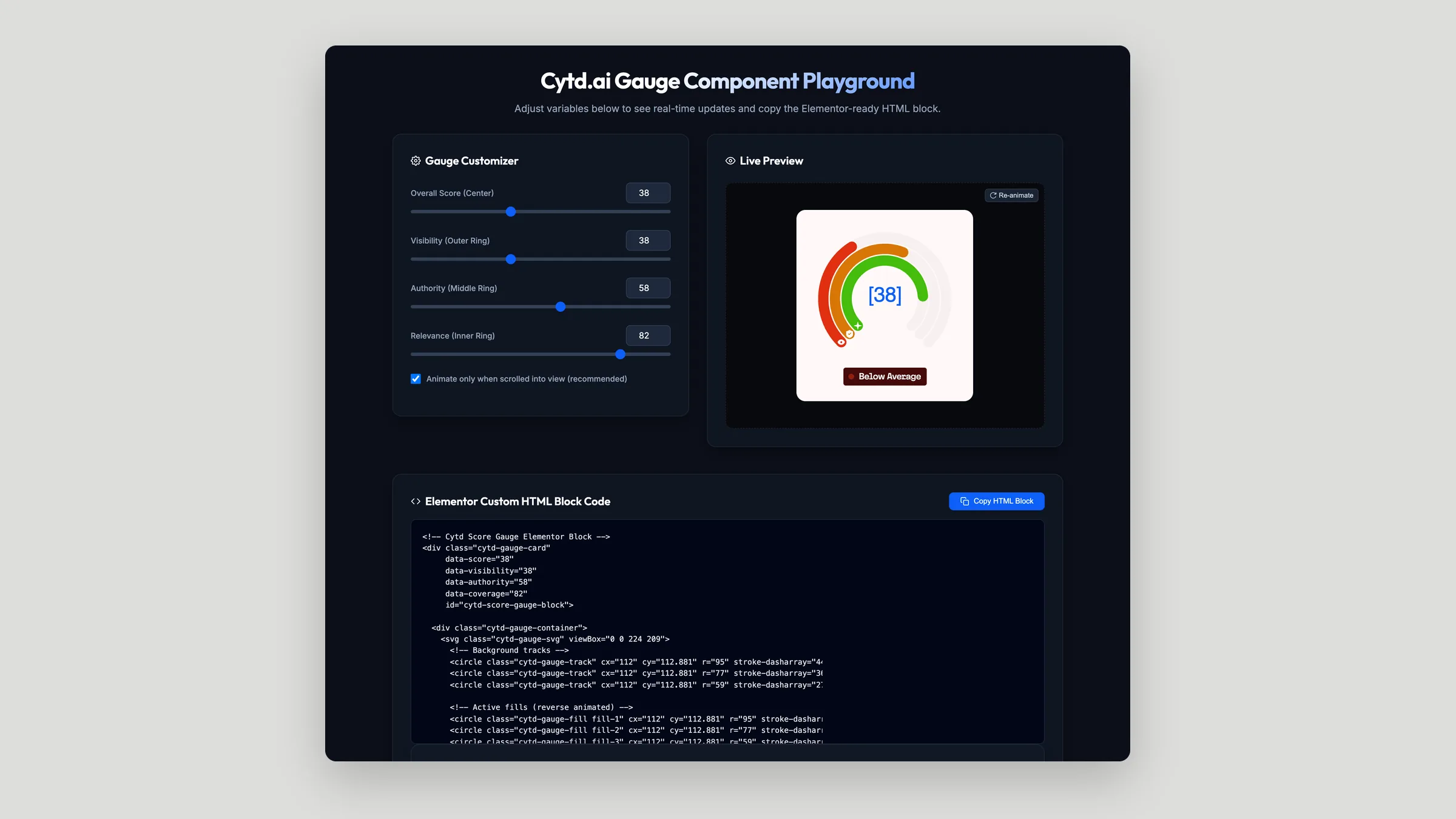Gauge component playground with live preview and generated Elementor HTML