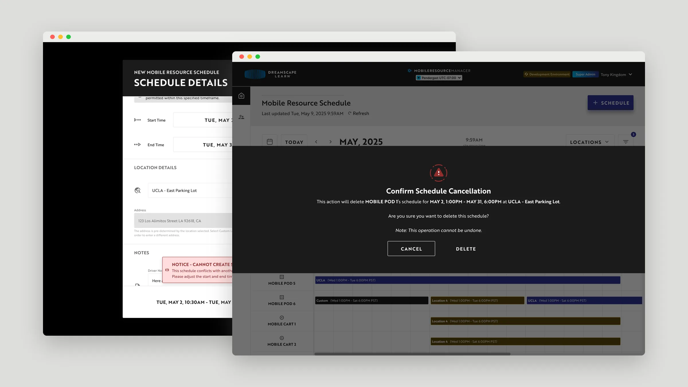 A booking blocked by a schedule conflict, and the delete-schedule confirmation