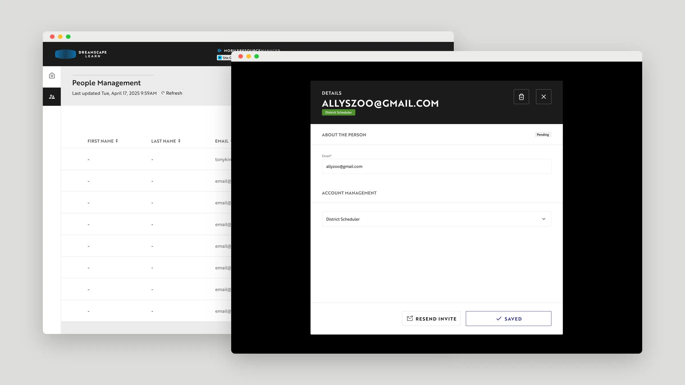User list and the user details panel