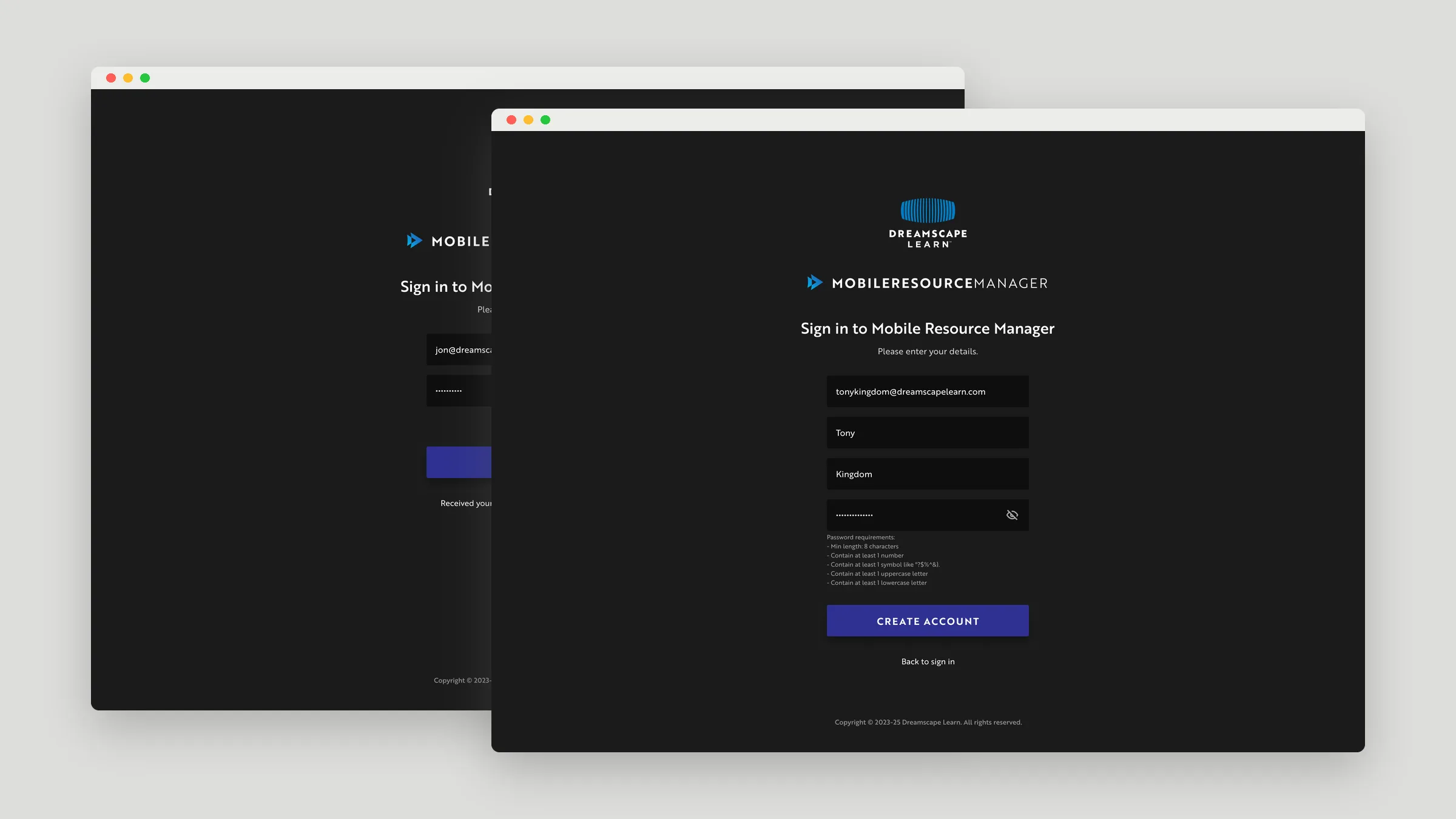 Mobile Resource Manager sign-in and sign-up screens