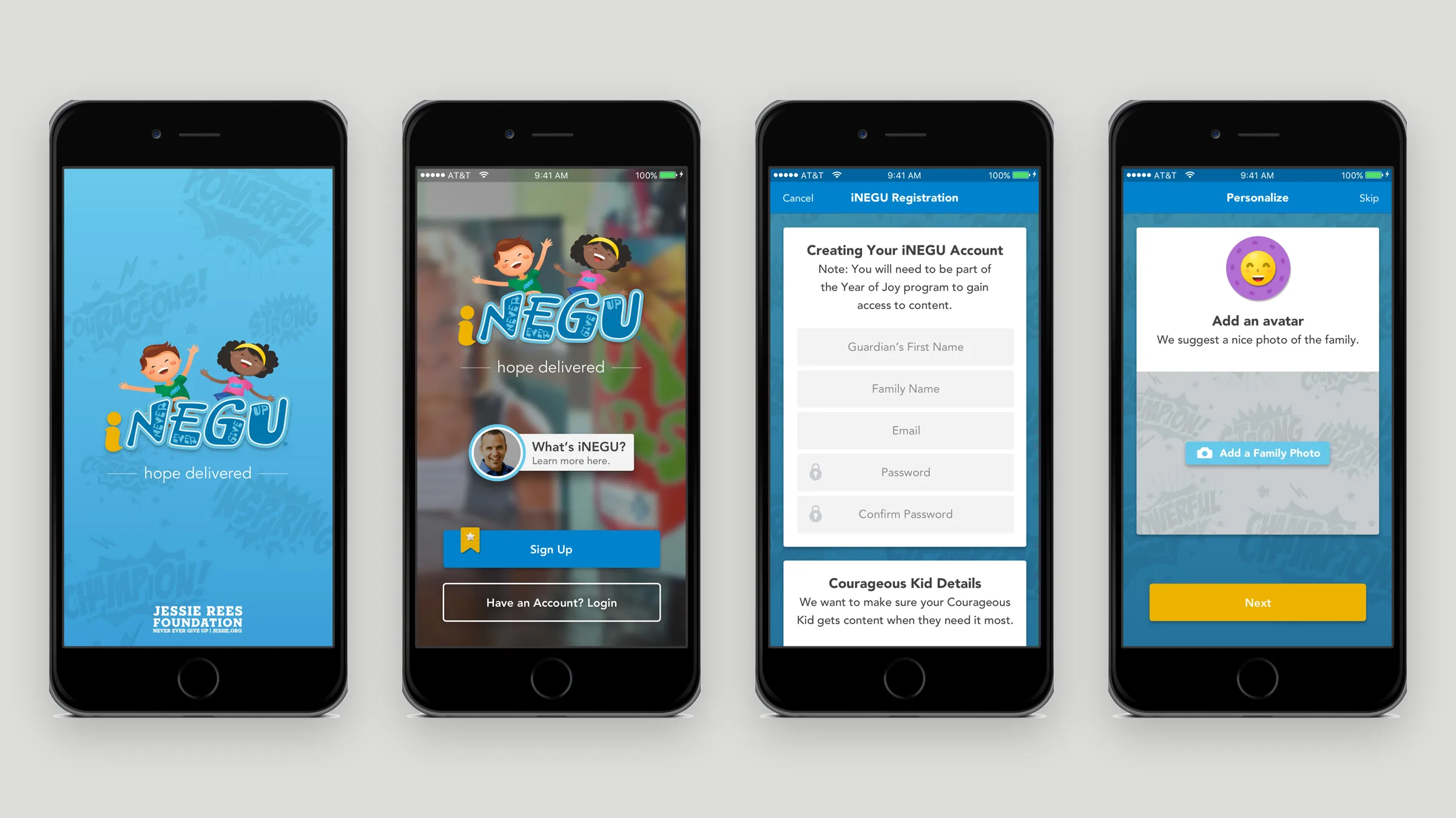 iNEGU splash, login, registration, and personalization screens