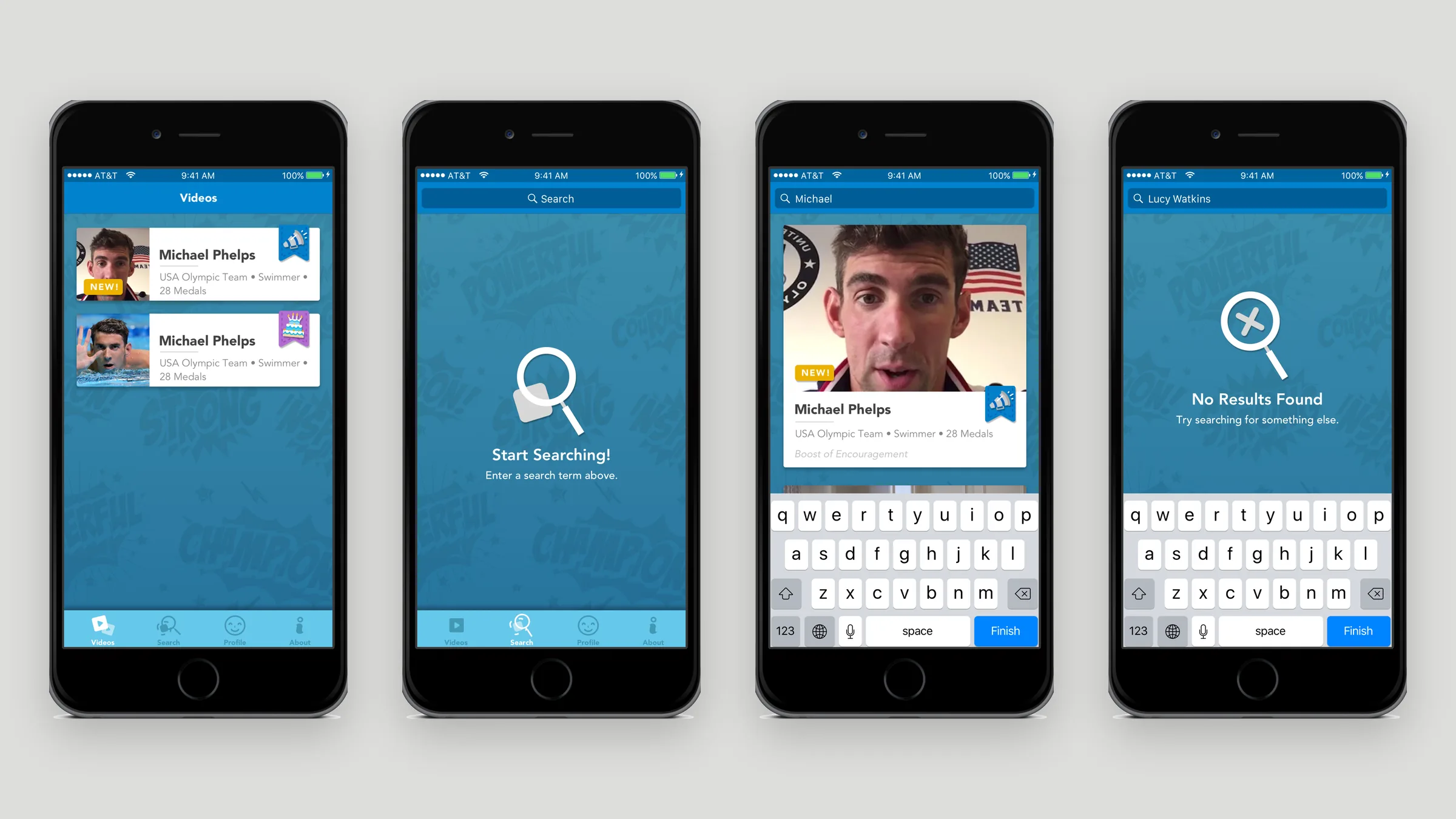 iNEGU video feed and search screens