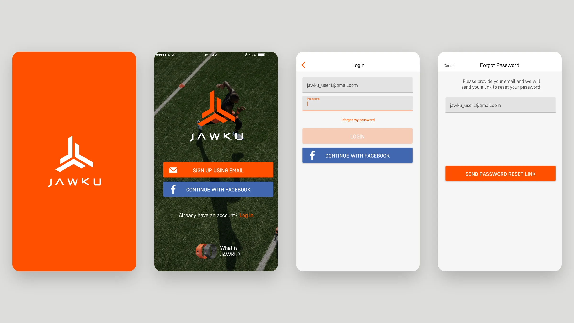 JAWKU splash, welcome, login, and forgot password screens