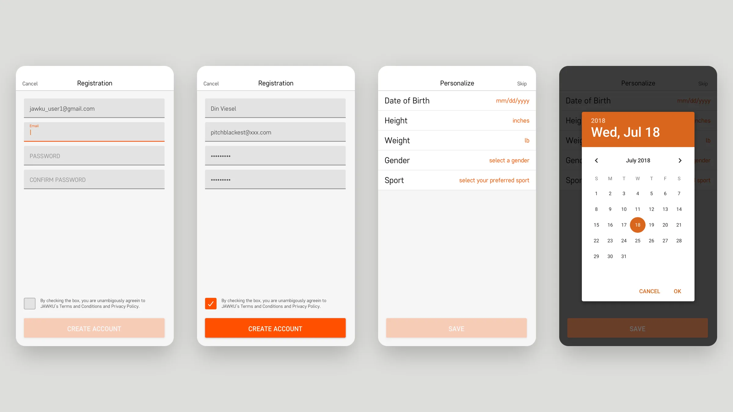 JAWKU registration and personalization screens