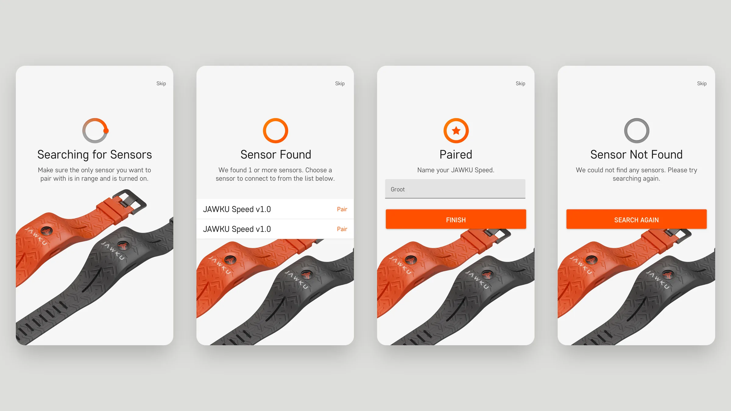 JAWKU sensor pairing screens