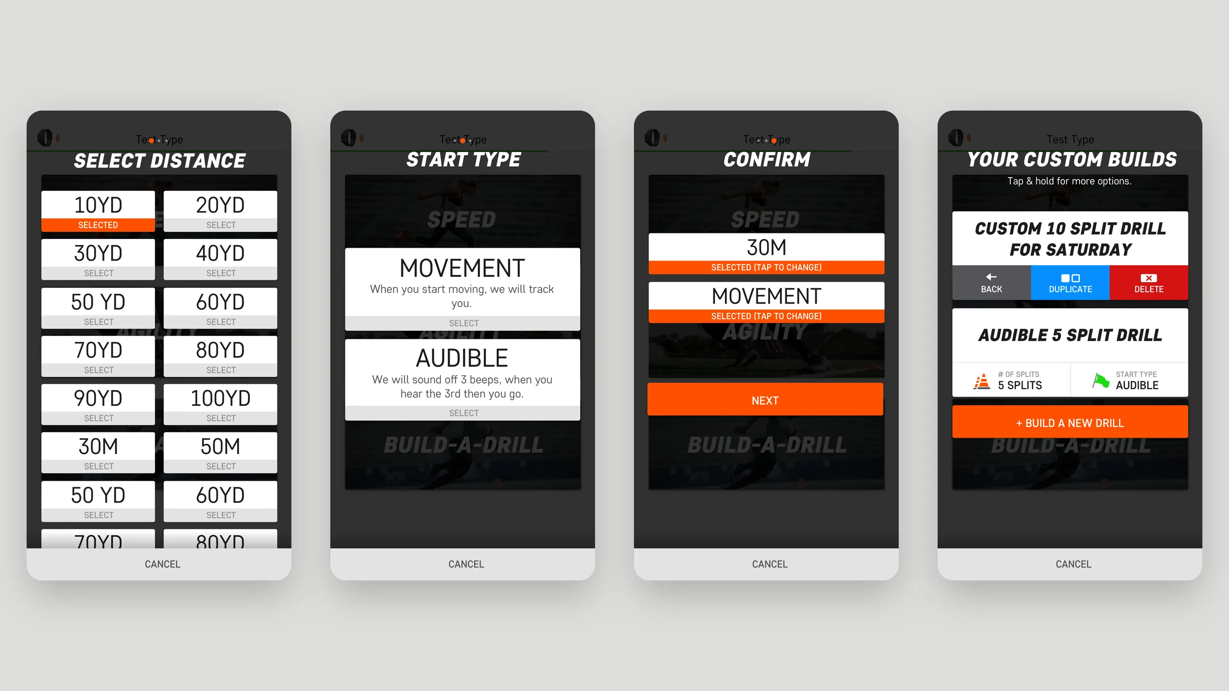 JAWKU build-a-drill distance, start type, and custom builds screens