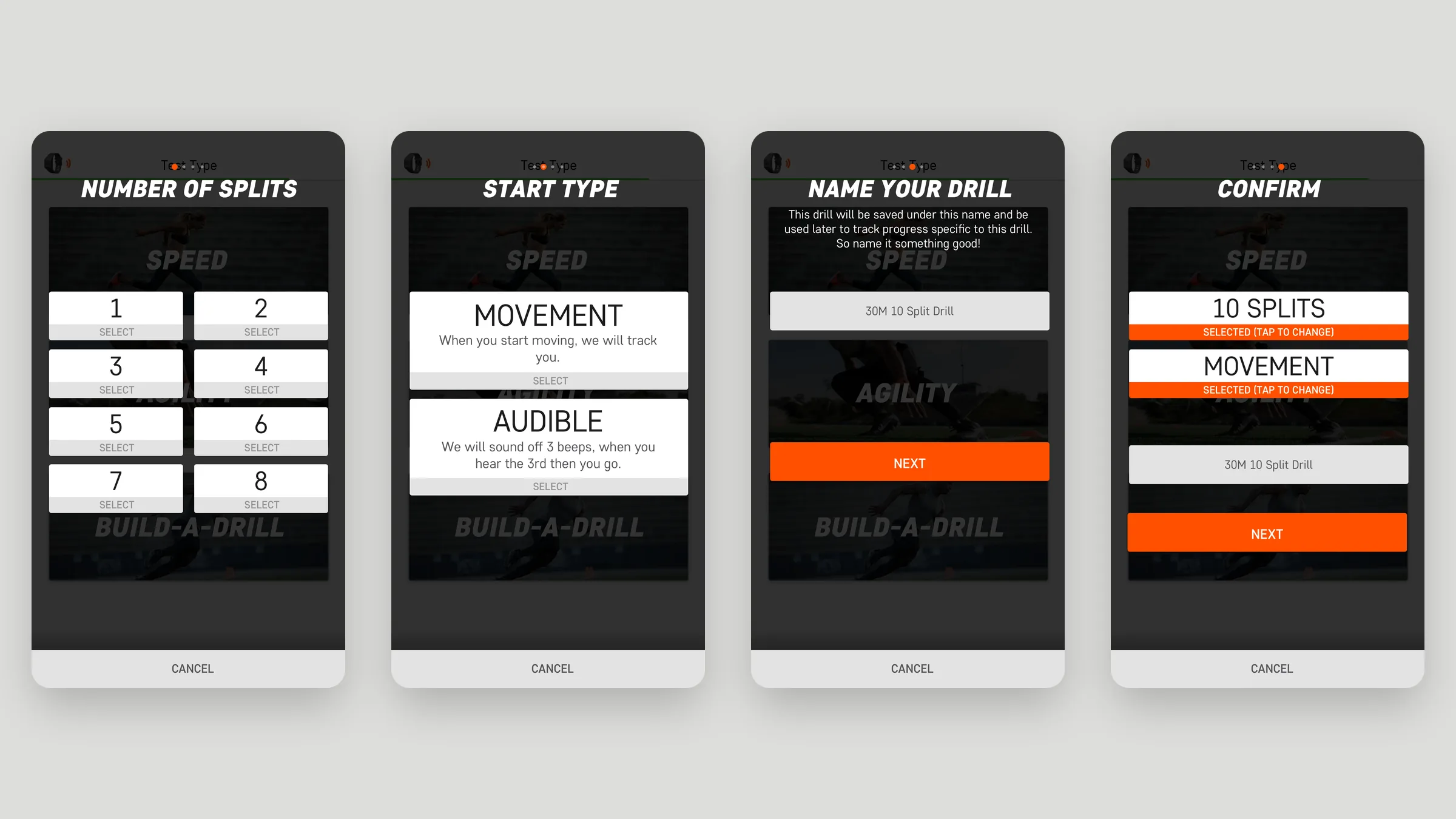 JAWKU build-a-drill splits, naming, and confirm screens