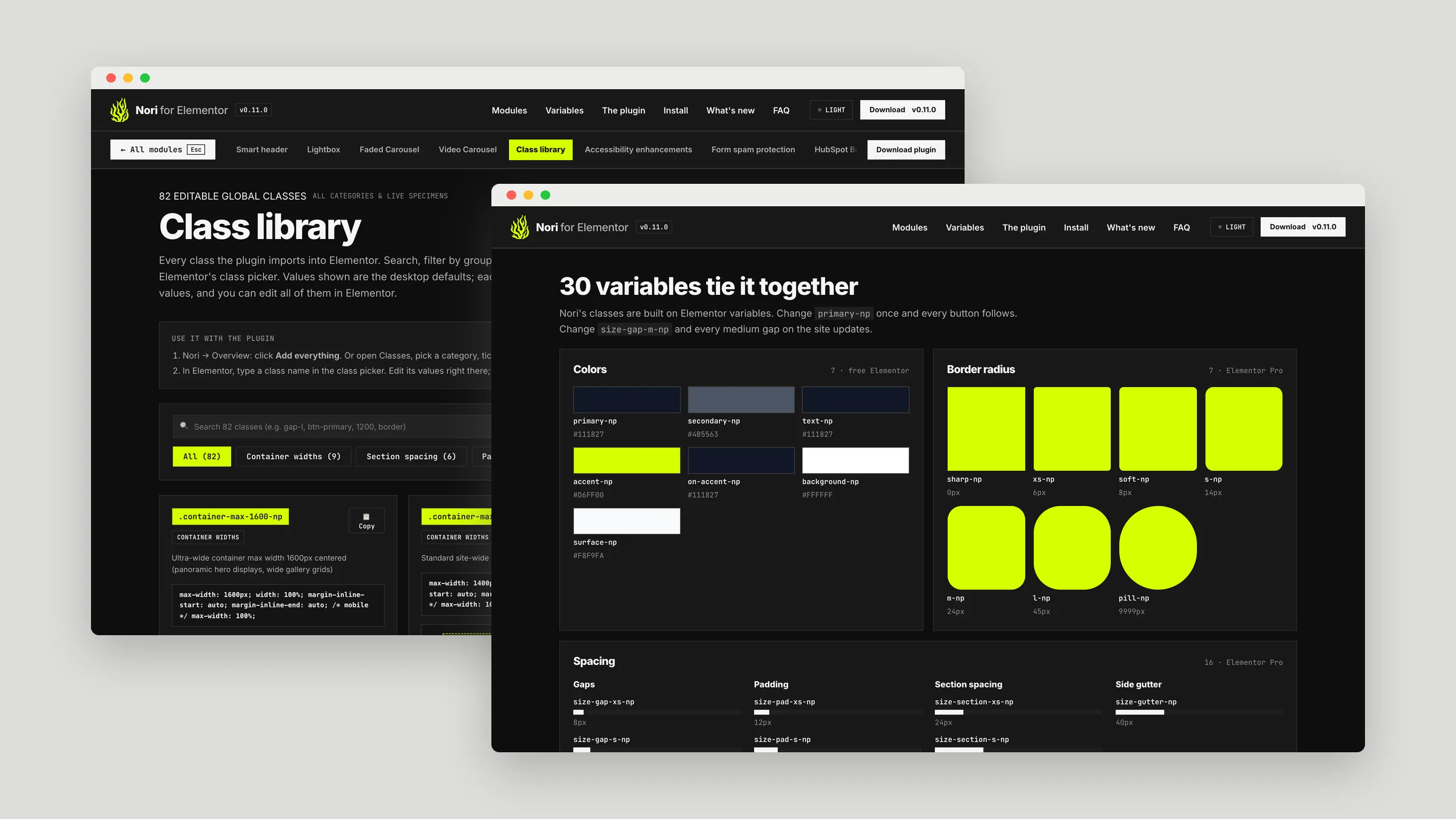Nori for Elementor class library and variables