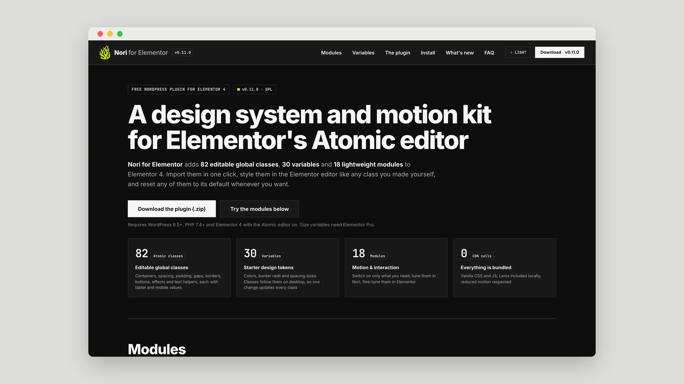 Nori for Elementor website homepage