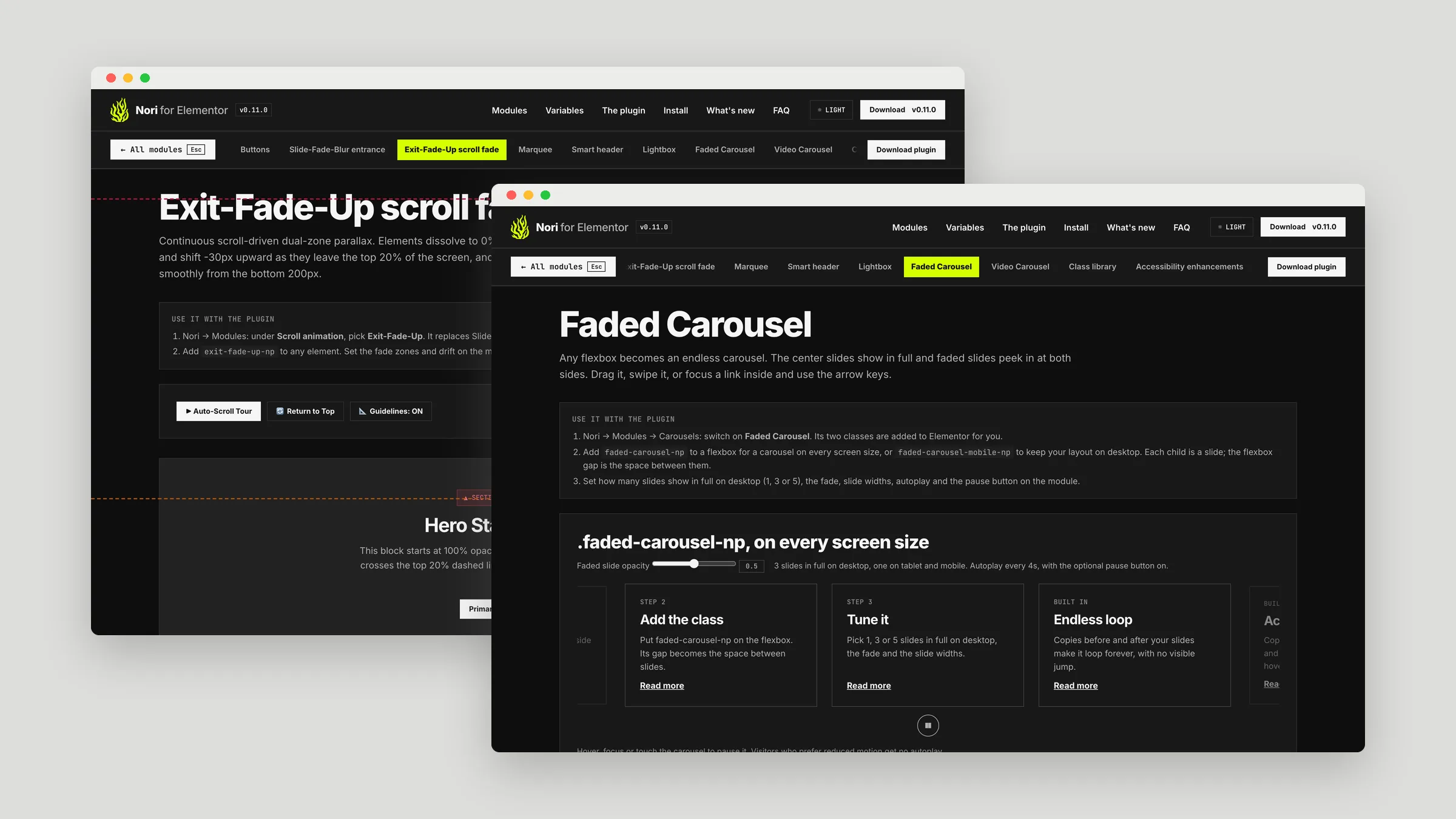 Nori for Elementor Exit-Fade-Up and Faded Carousel demos