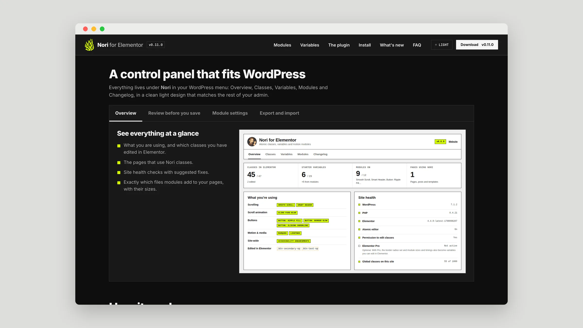 Nori for Elementor WordPress control panel