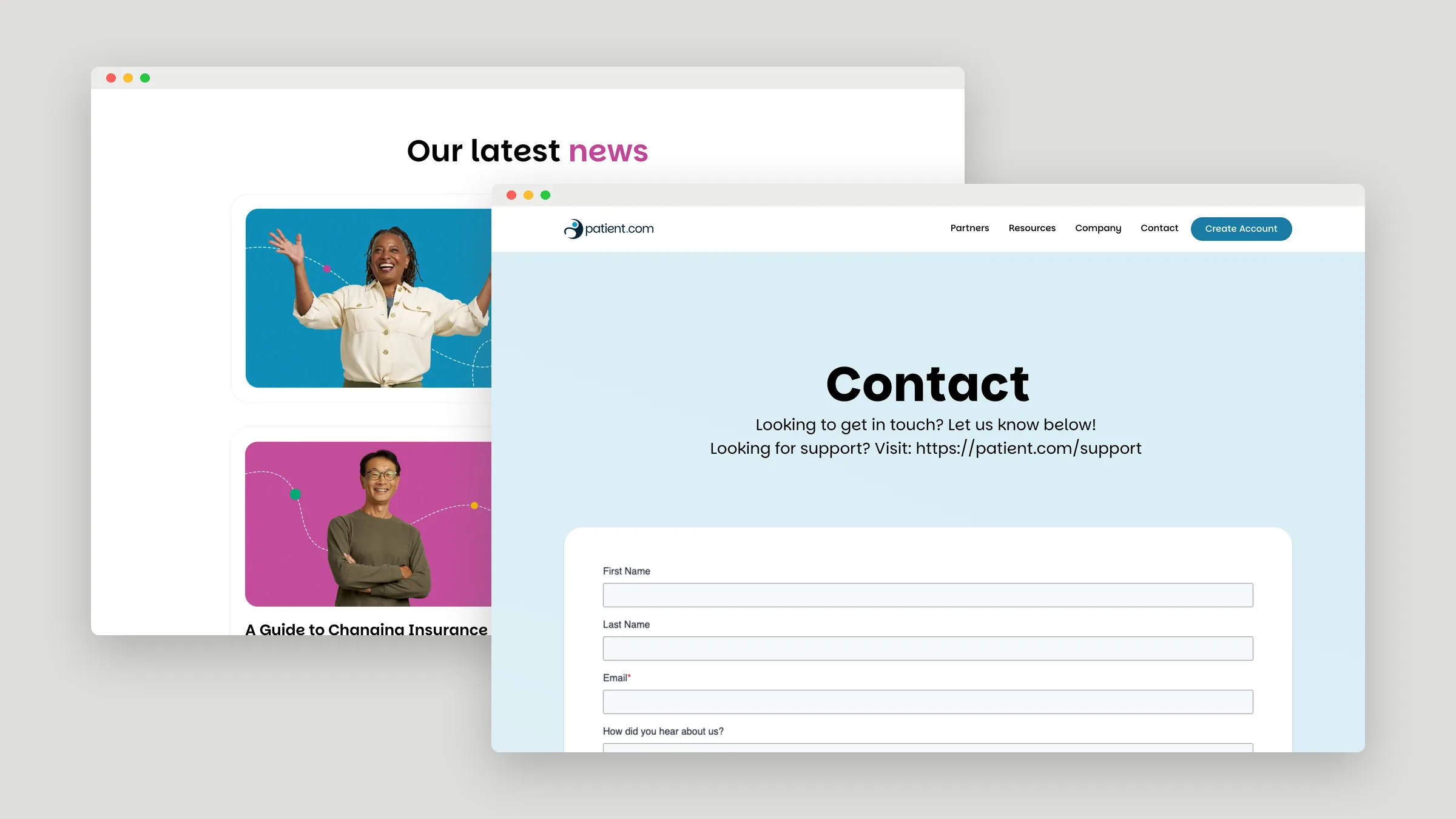 Patient.com resources and contact pages