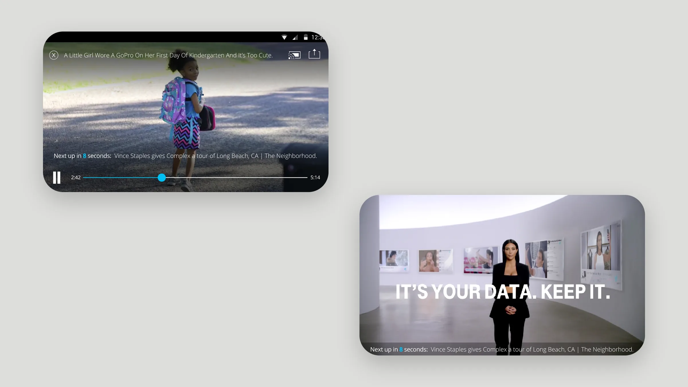 Xumo landscape player with next up and ad states