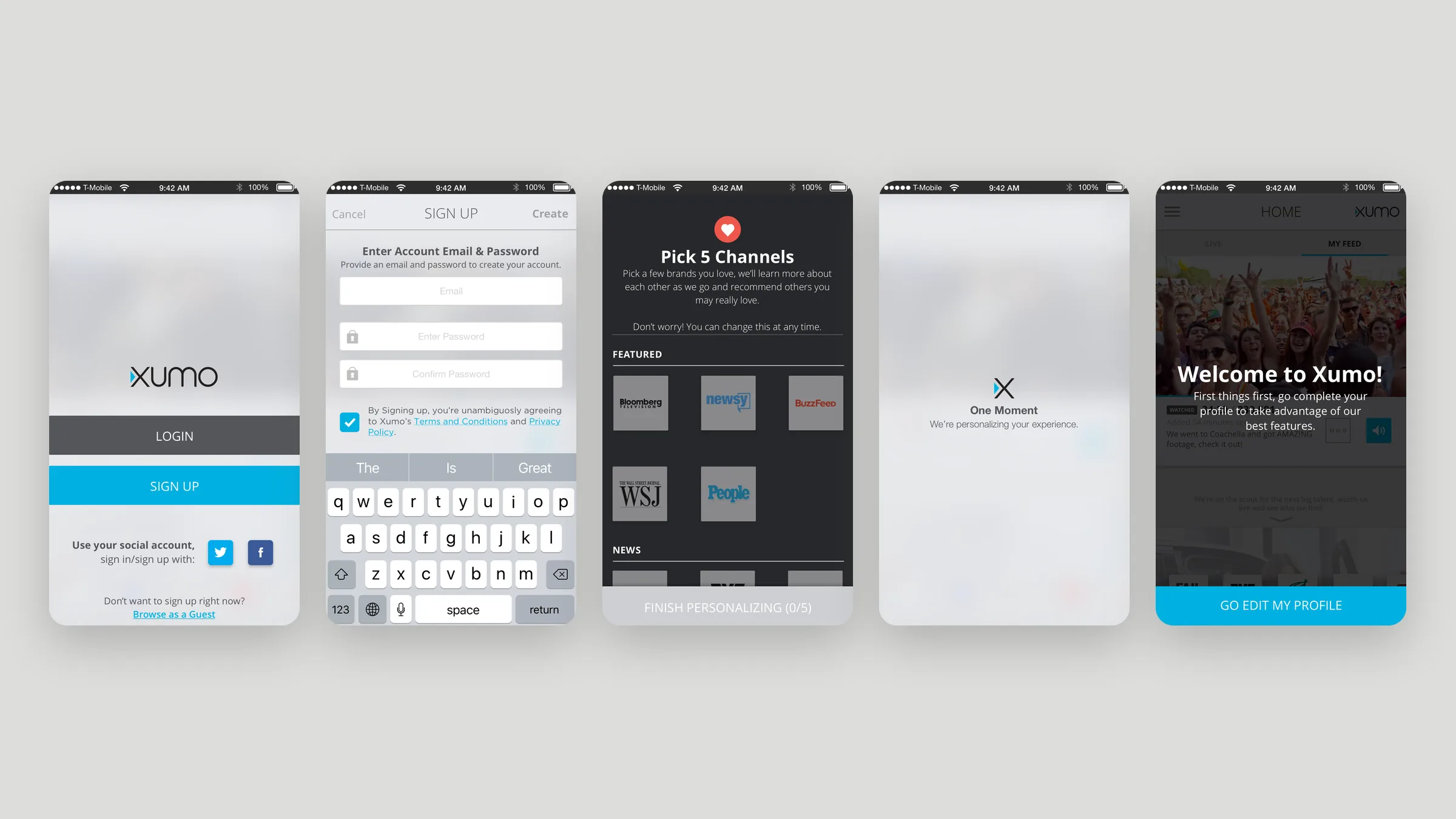 Xumo login, sign up, and channel personalization screens