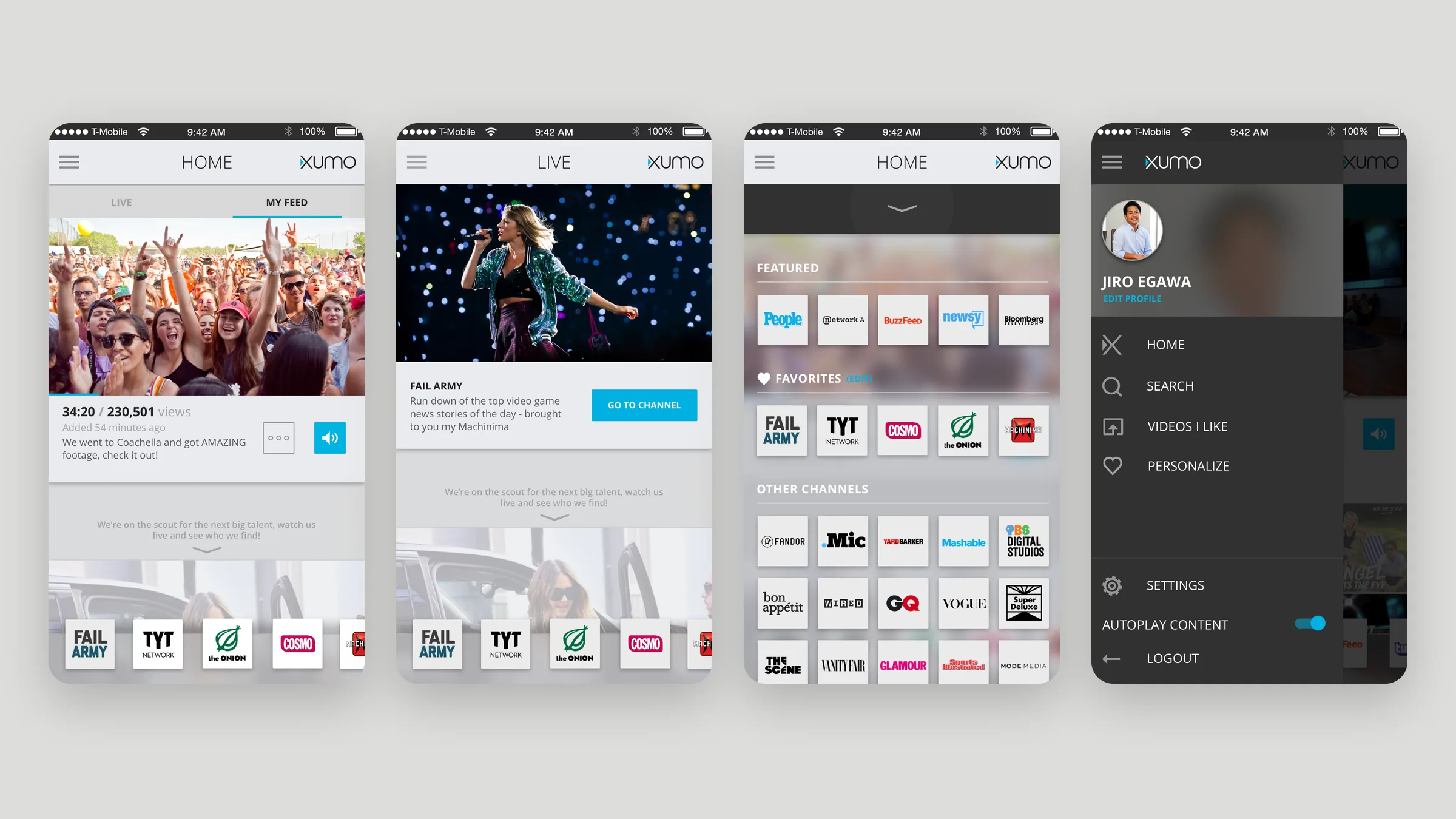 Xumo iPhone app home, live, channels, and menu screens