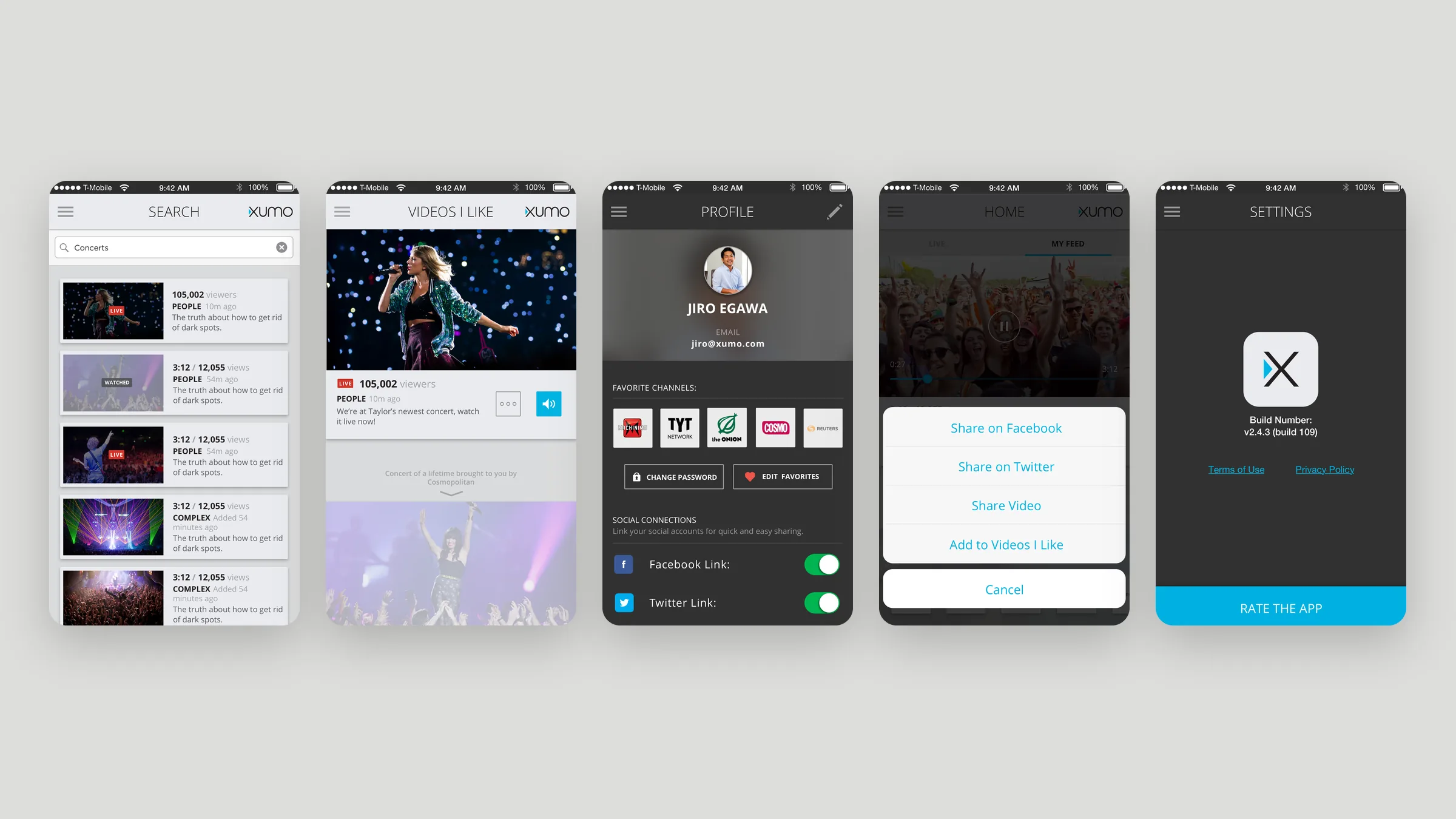 Xumo search, liked videos, profile, sharing, and settings screens
