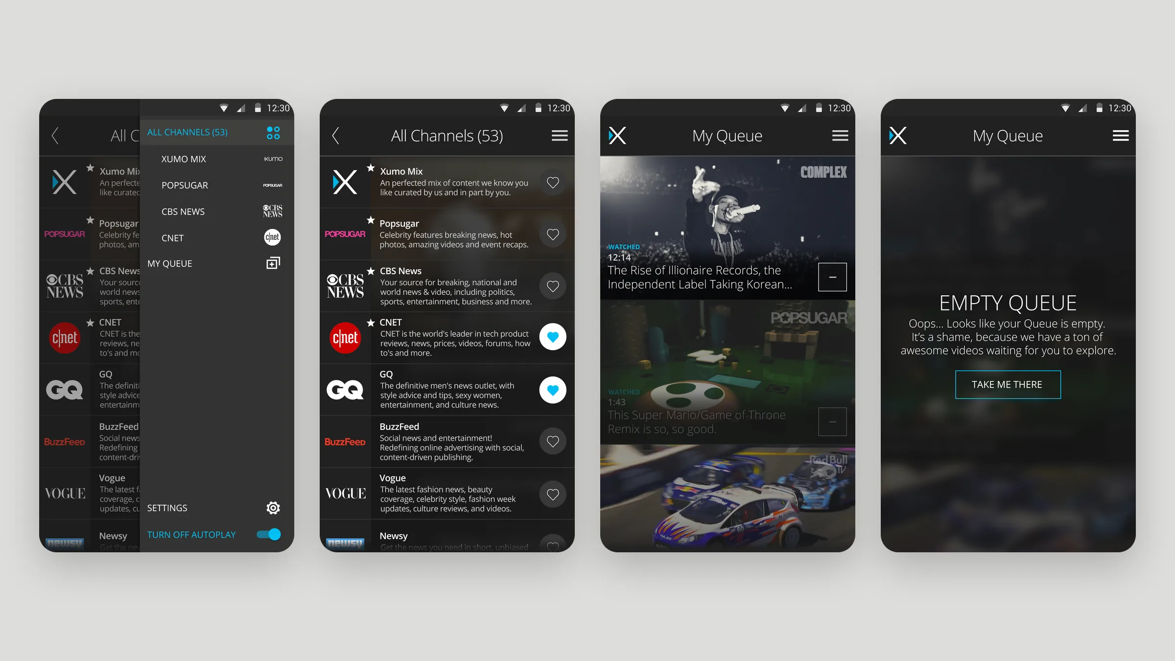 Xumo side menu, channel list, and My Queue screens
